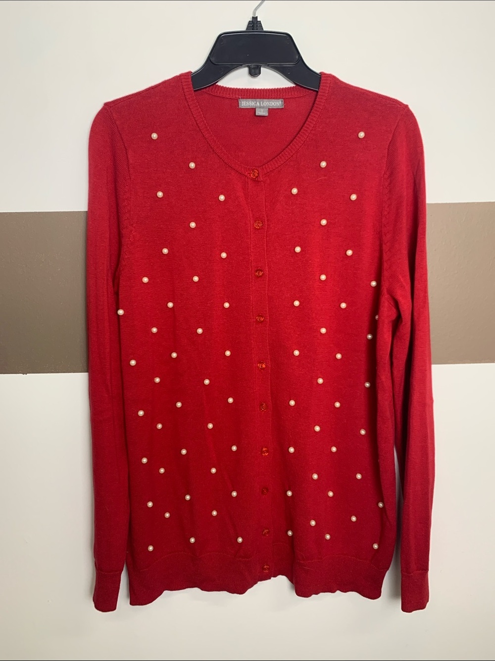 Jessica London Red Pearl-Embellished V-Neck Cardigan
